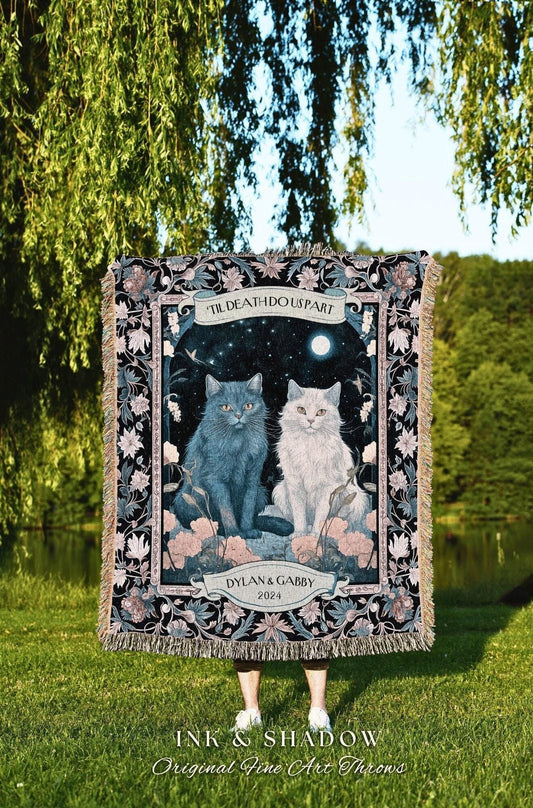 May include: A decorative throw blanket featuring two cats, one blue and one white, under a night sky with a full moon. The text "TIL DEATH DO US PART" and "DYLAN & GABBY 2024" are displayed. The blanket has a floral border and fringe.