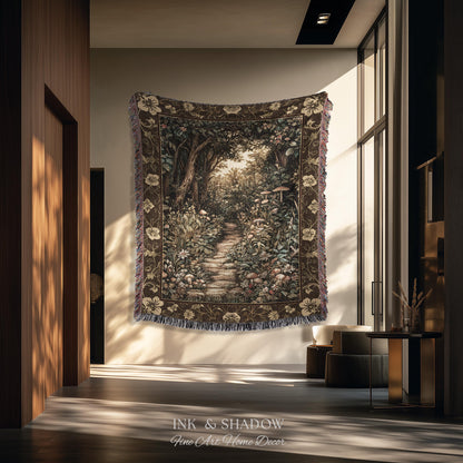 Mushroom Forest Magical Woodland Tapestry Blanket Ethereal Mystic Academia, Vintage Folklore Art Forest Fairycore Whimsigoth Medieval Throw