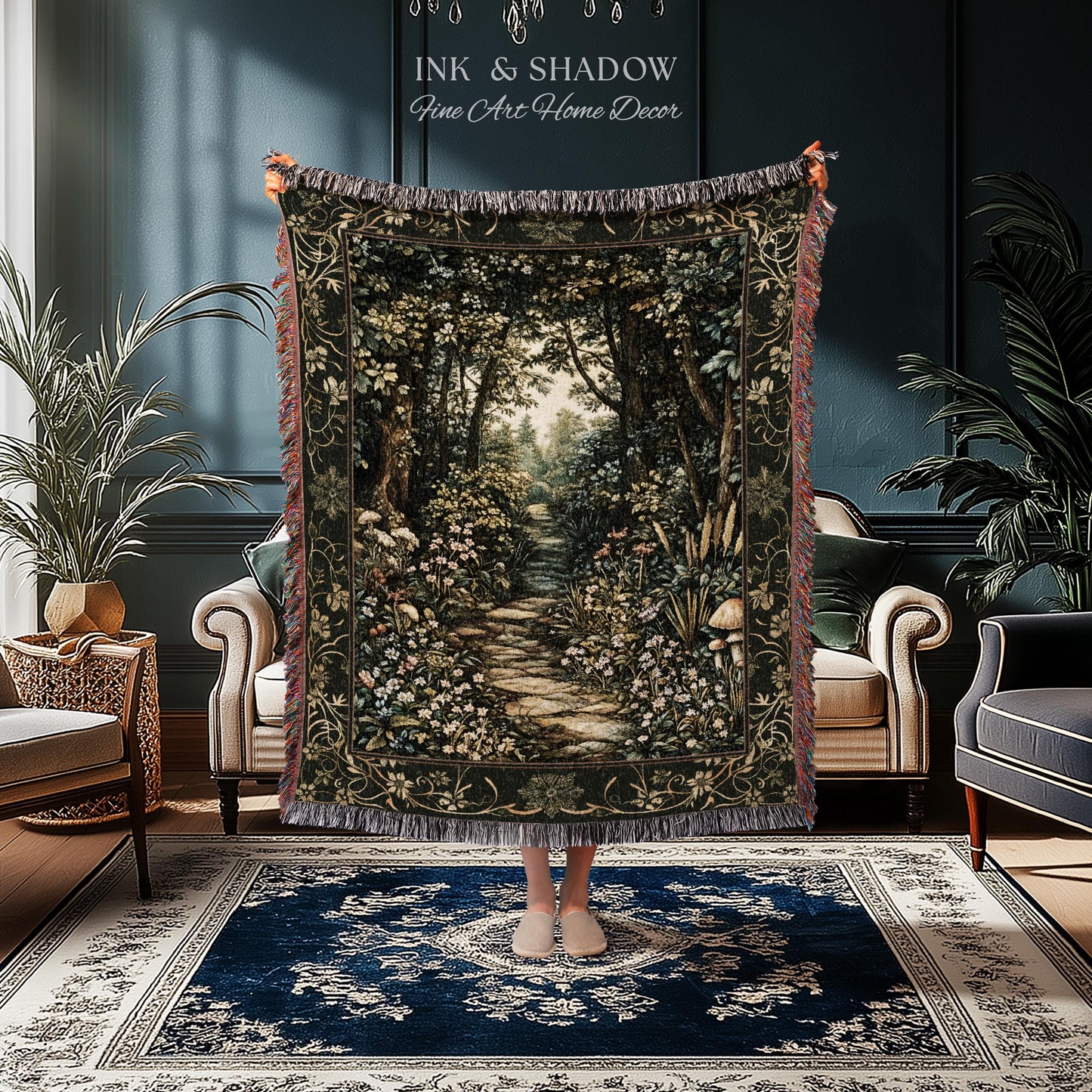 Fairy Meadow Mushroom Forest Woven Blanket Mystic Academia Folklore Inspired, Fairycore Woodland Gothic Whimsical Medieval Tapestry Throw