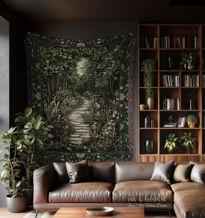 Ethereal Woodland Meadow Tapestry | Dark Academia Folklore Fairy Core Aesthetic Blanket Magical Bedroom Emerald Green Home Decor Botanical