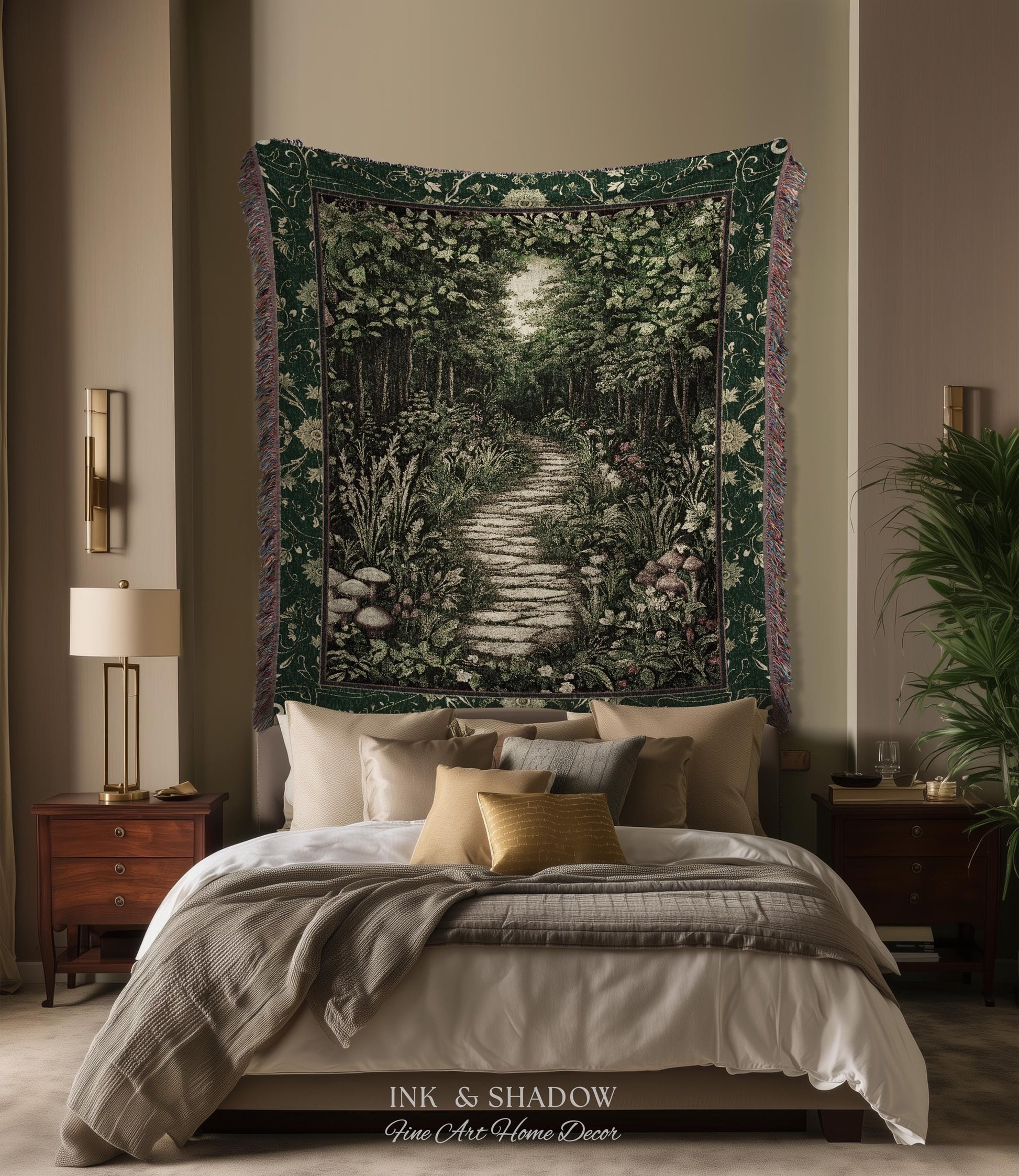 Ethereal Woodland Meadow Tapestry | Dark Academia Folklore Fairy Core Aesthetic Blanket Magical Bedroom Emerald Green Home Decor Botanical