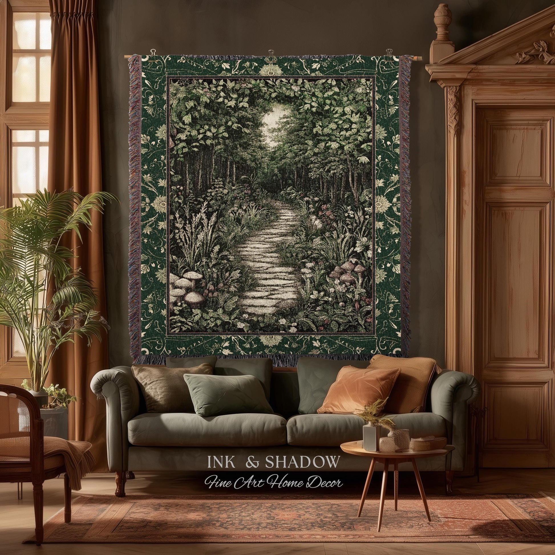 Ethereal Woodland Meadow Tapestry | Dark Academia Folklore Fairy Core Aesthetic Blanket Magical Bedroom Emerald Green Home Decor Botanical