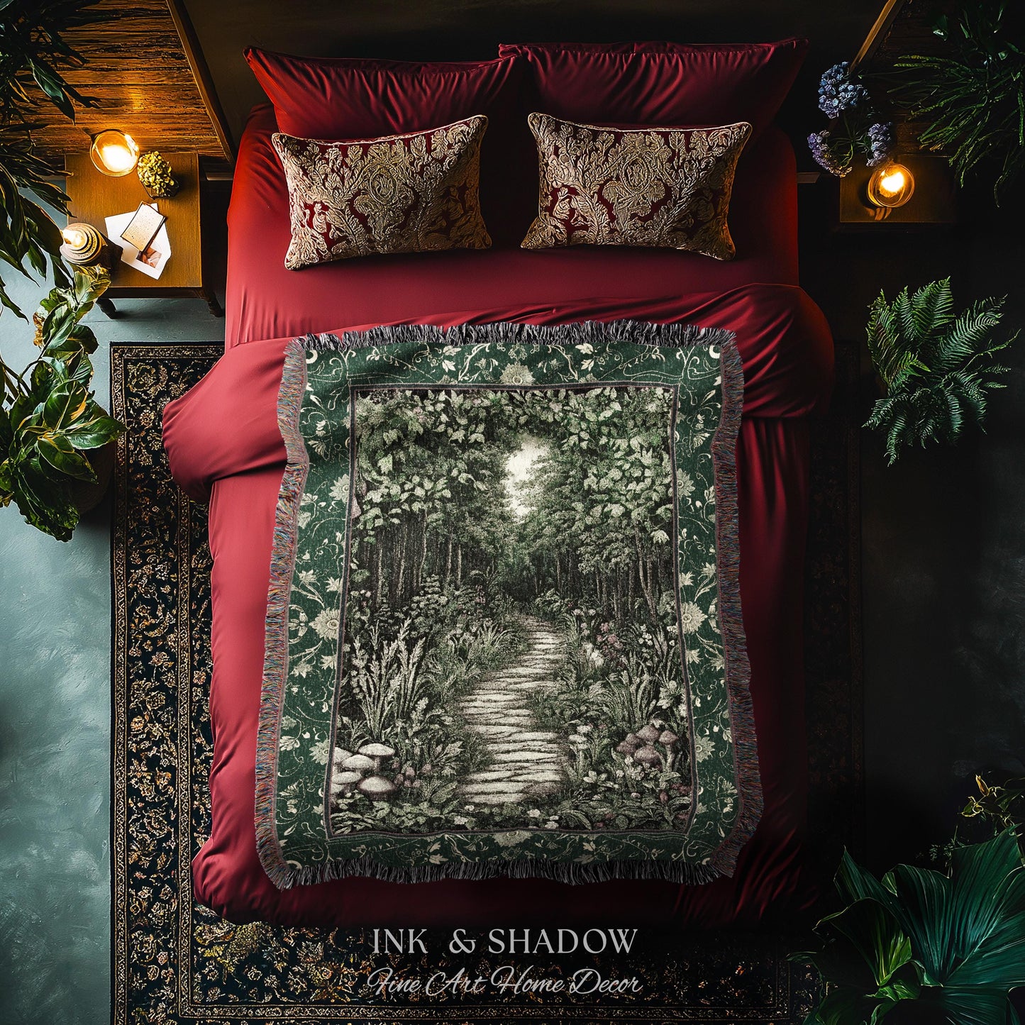 Ethereal Woodland Meadow Tapestry | Dark Academia Folklore Fairy Core Aesthetic Blanket Magical Bedroom Emerald Green Home Decor Botanical