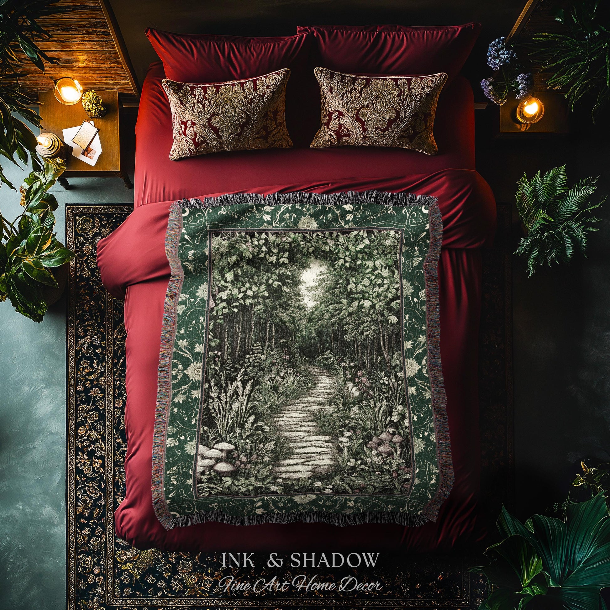 Ethereal Woodland Meadow Tapestry | Dark Academia Folklore Fairy Core Aesthetic Blanket Magical Bedroom Emerald Green Home Decor Botanical