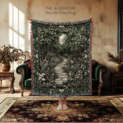 Ethereal Woodland Meadow Tapestry | Dark Academia Folklore Fairy Core Aesthetic Blanket Magical Bedroom Emerald Green Home Decor Botanical