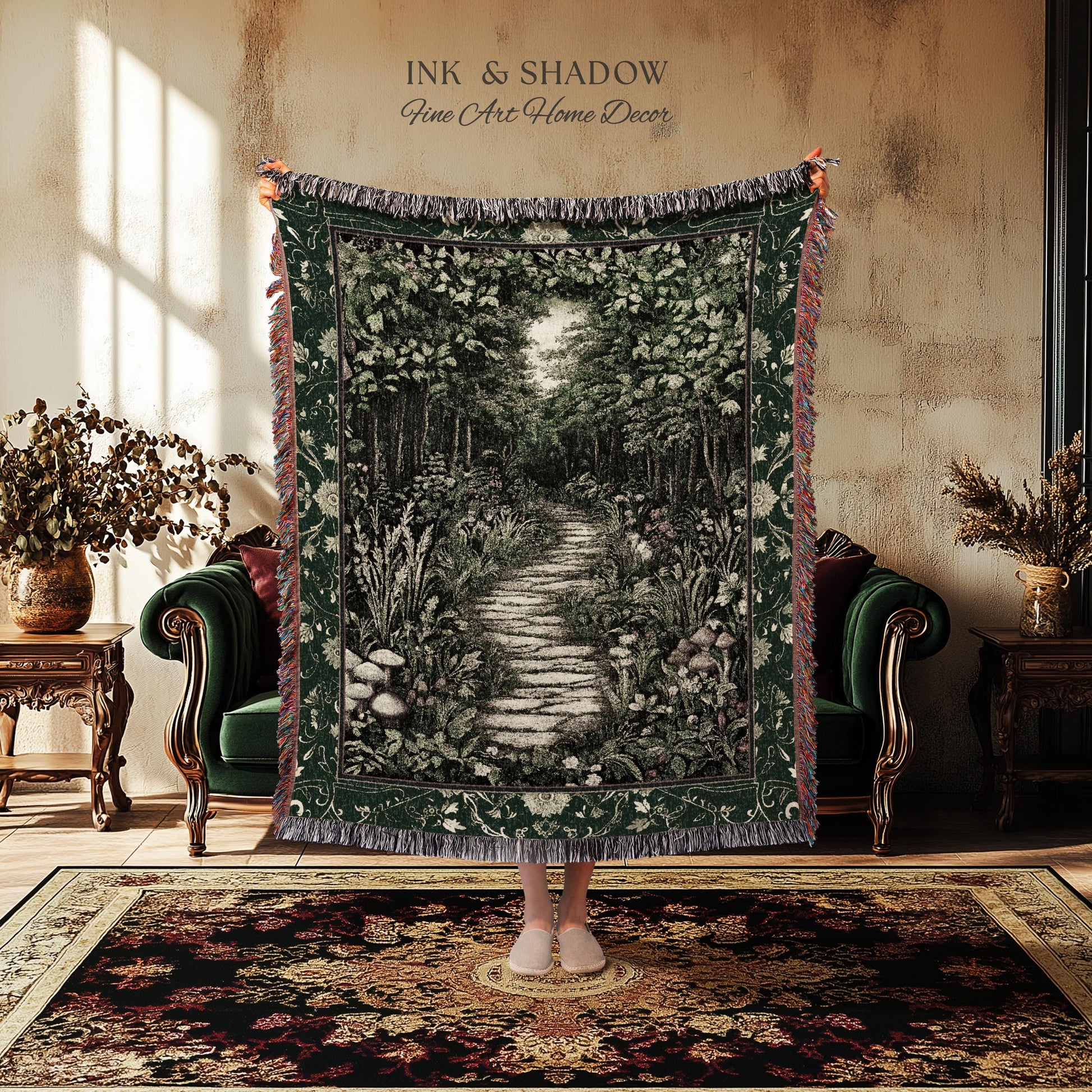 Ethereal Woodland Meadow Tapestry | Dark Academia Folklore Fairy Core Aesthetic Blanket Magical Bedroom Emerald Green Home Decor Botanical