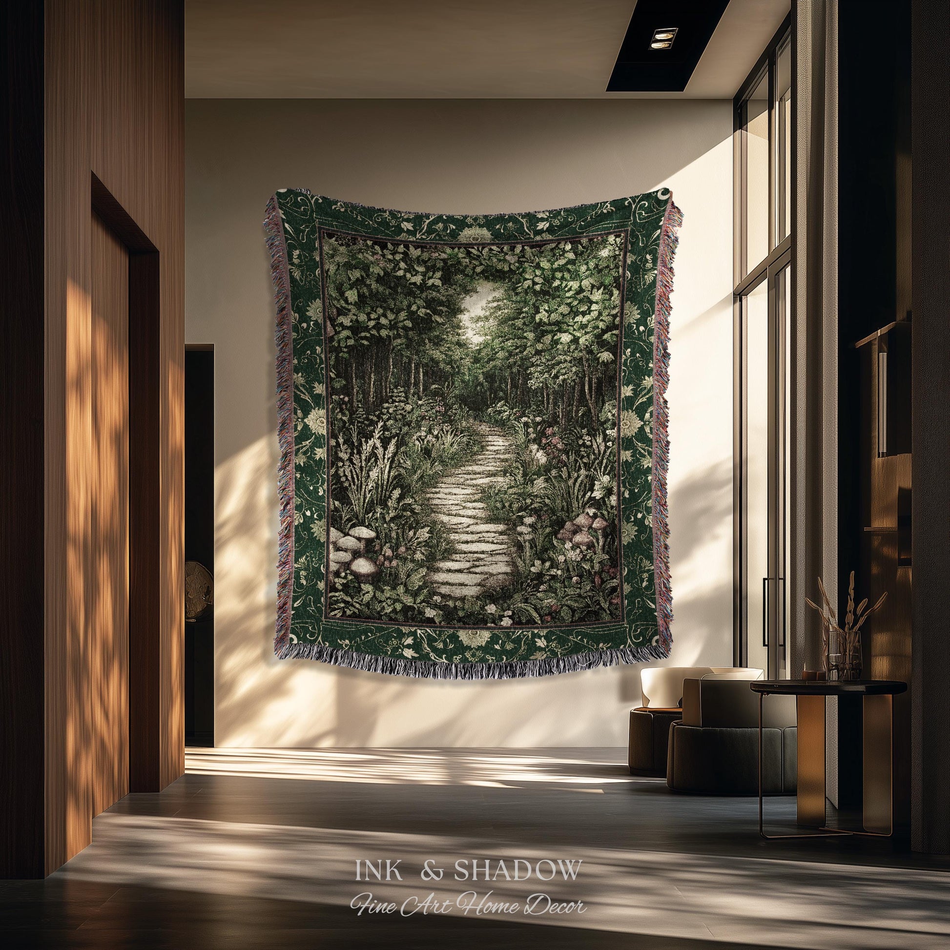 Ethereal Woodland Meadow Tapestry | Dark Academia Folklore Fairy Core Aesthetic Blanket Magical Bedroom Emerald Green Home Decor Botanical