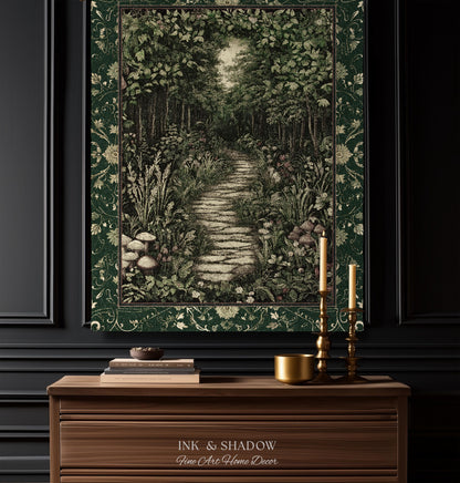 Ethereal Woodland Meadow Tapestry | Dark Academia Folklore Fairy Core Aesthetic Blanket Magical Bedroom Emerald Green Home Decor Botanical