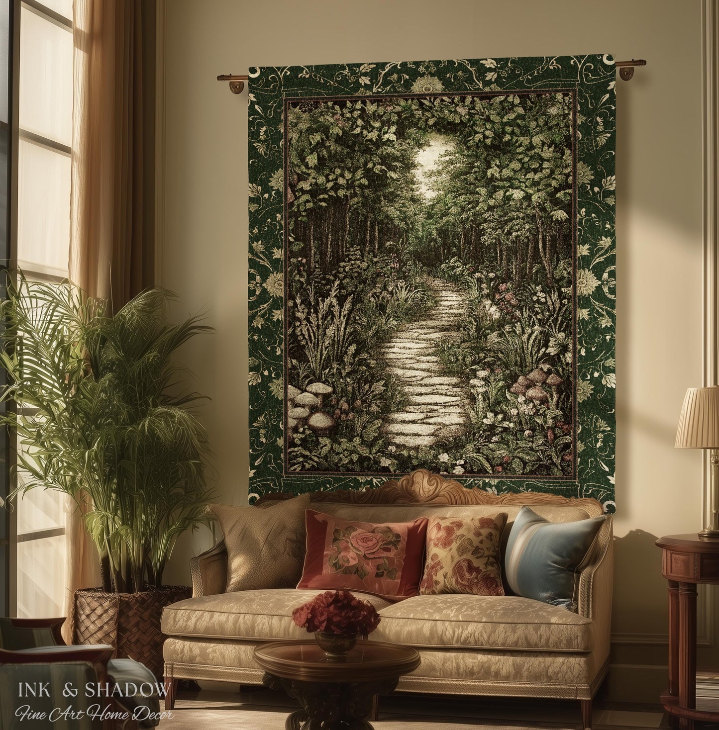 Ethereal Woodland Meadow Tapestry | Dark Academia Folklore Fairy Core Aesthetic Blanket Magical Bedroom Emerald Green Home Decor Botanical