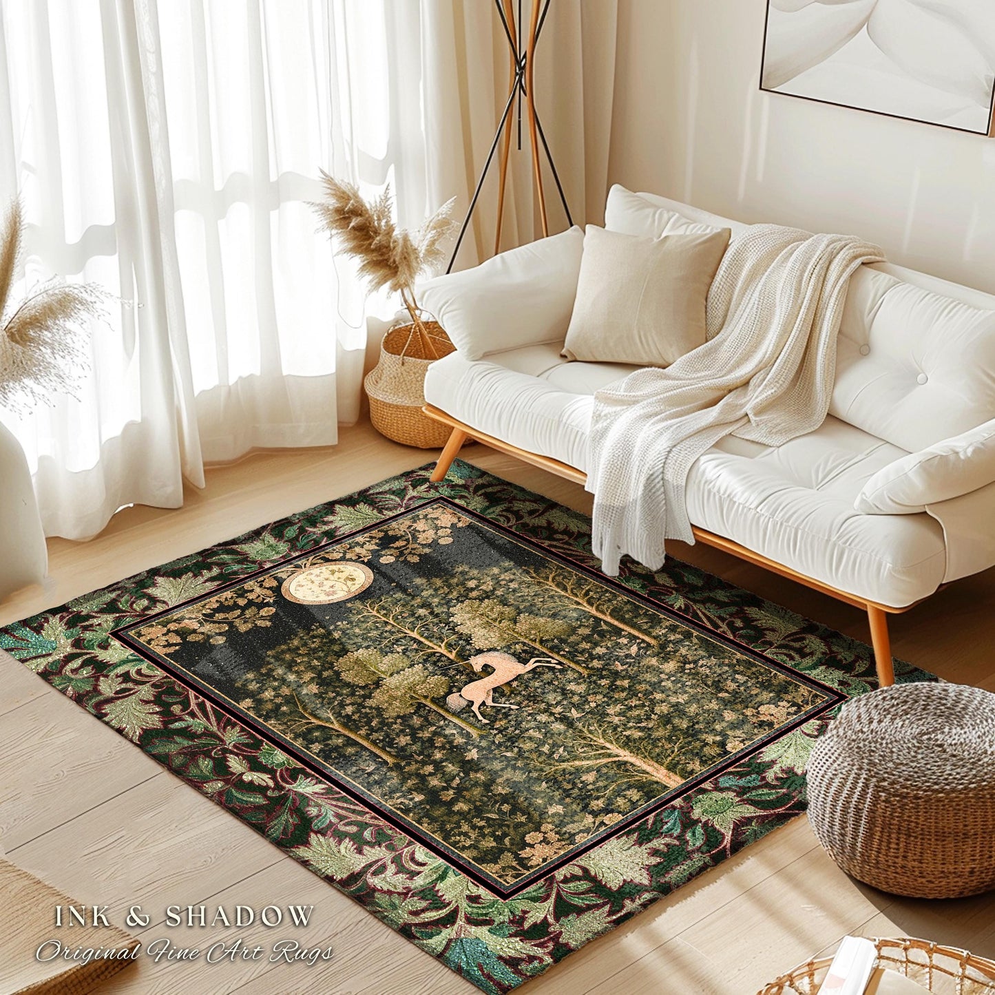 Magic Aesthetic Unicorn Runner Rug Cottagecore Style, Dark Academia Folklore Decor Gothic Maximalist Fantasy Art Enchanted Fairytale Accent