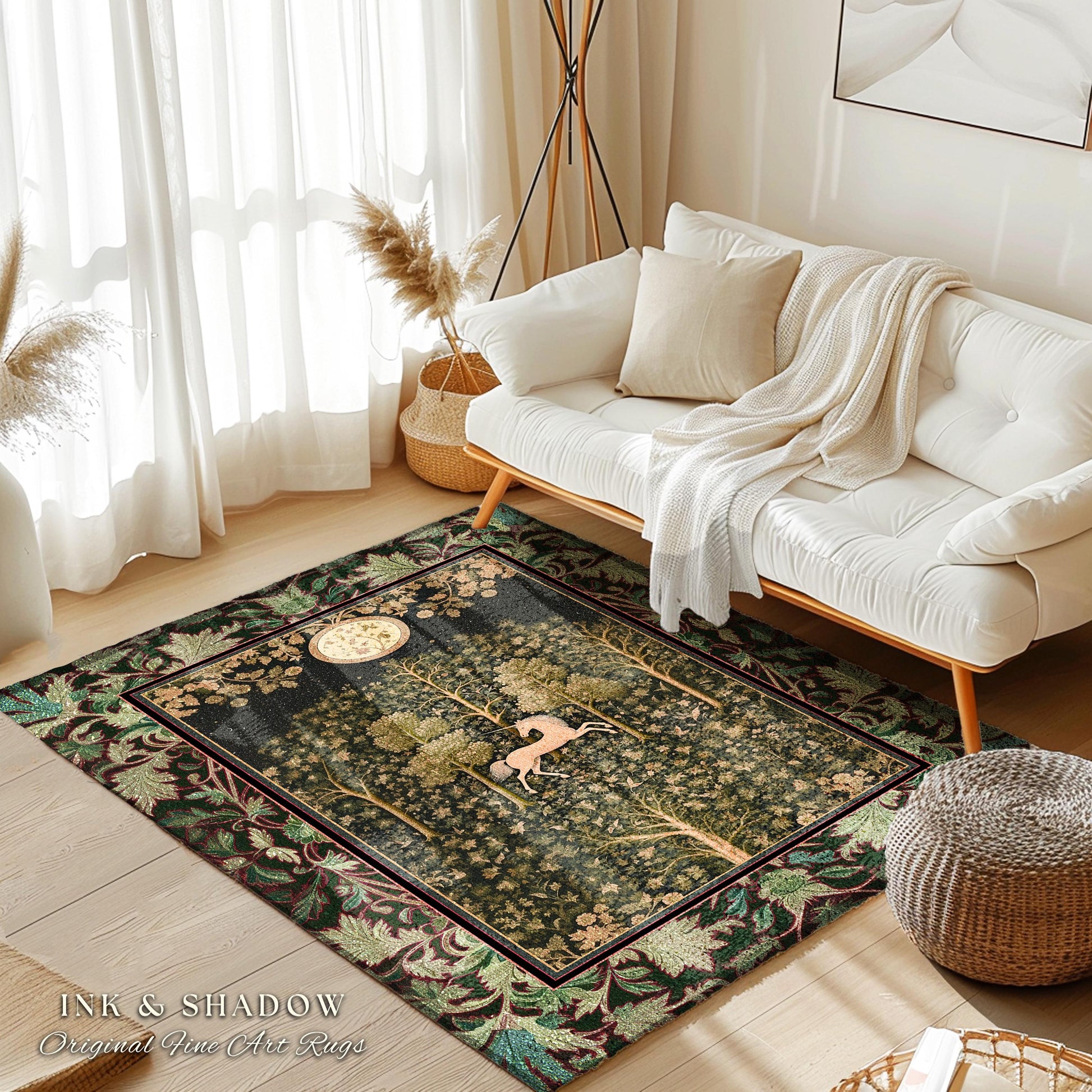 Magic Aesthetic Unicorn Runner Rug Cottagecore Style, Dark Academia Folklore Decor Gothic Maximalist Fantasy Art Enchanted Fairytale Accent