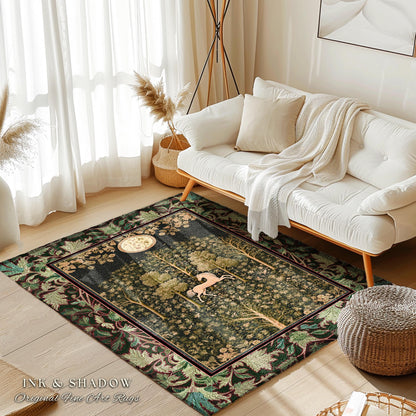 Magic Aesthetic Unicorn Runner Rug Cottagecore Style, Dark Academia Folklore Decor Gothic Maximalist Fantasy Art Enchanted Fairytale Accent
