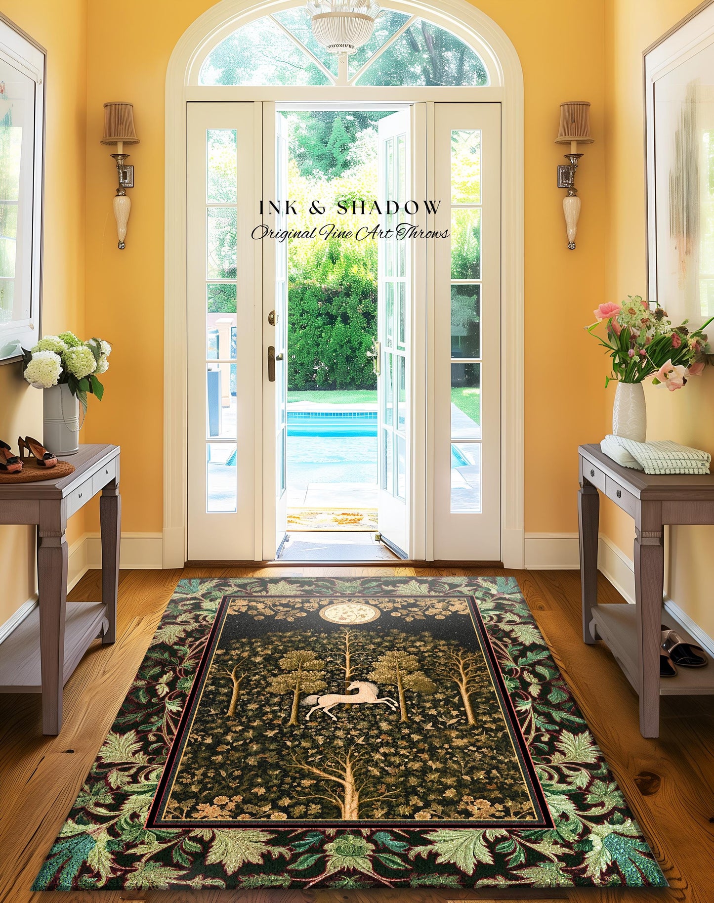 Magic Aesthetic Unicorn Runner Rug Cottagecore Style, Dark Academia Folklore Decor Gothic Maximalist Fantasy Art Enchanted Fairytale Accent