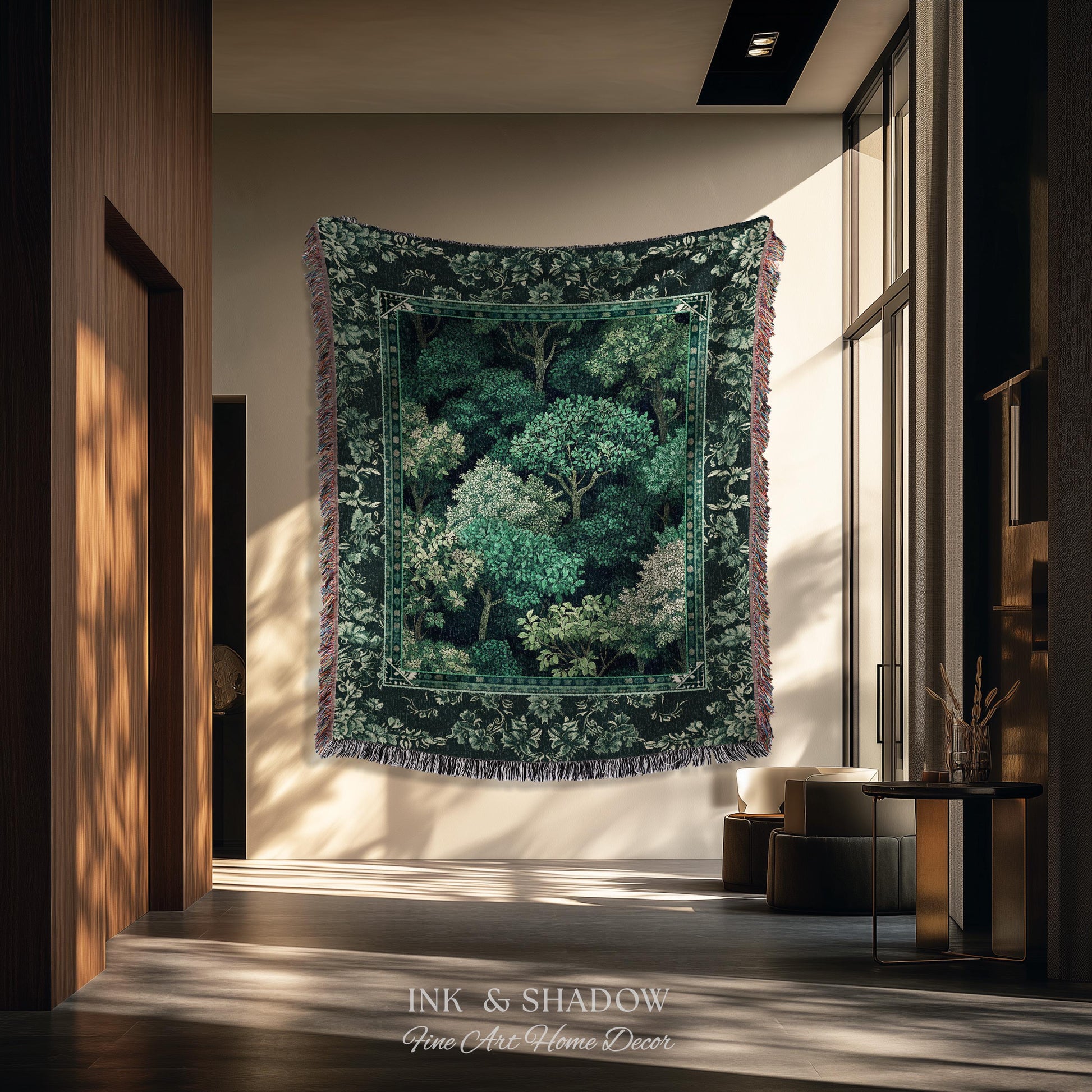Verdant Greenery Botanical Woven Coverlet | Woodland Magical Aesthetic Living Room Green Tapestry Plant Loving Bedroom Blanket Gift Emerald