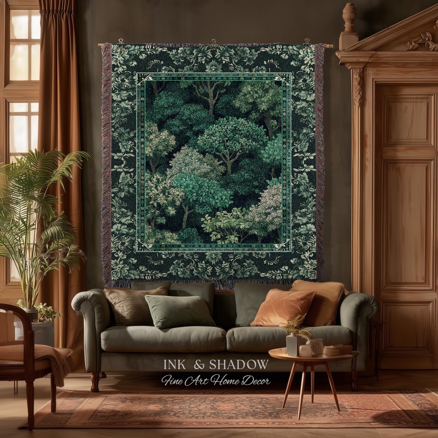 Verdant Greenery Botanical Woven Coverlet | Woodland Magical Aesthetic Living Room Green Tapestry Plant Loving Bedroom Blanket Gift Emerald