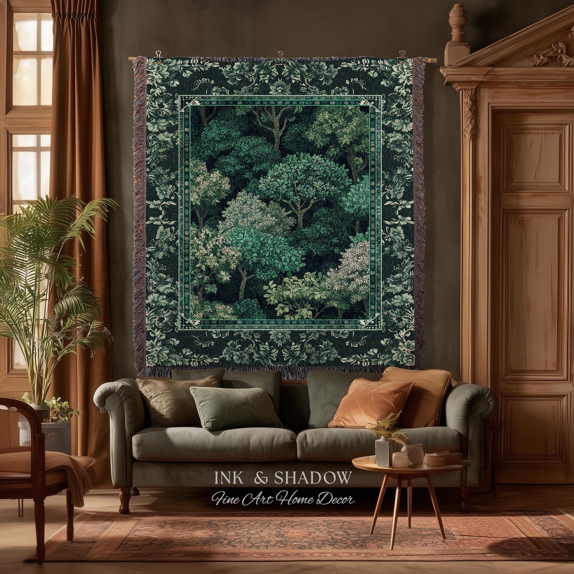 Verdant Greenery Botanical Woven Coverlet | Woodland Magical Aesthetic Living Room Green Tapestry Plant Loving Bedroom Blanket Gift Emerald