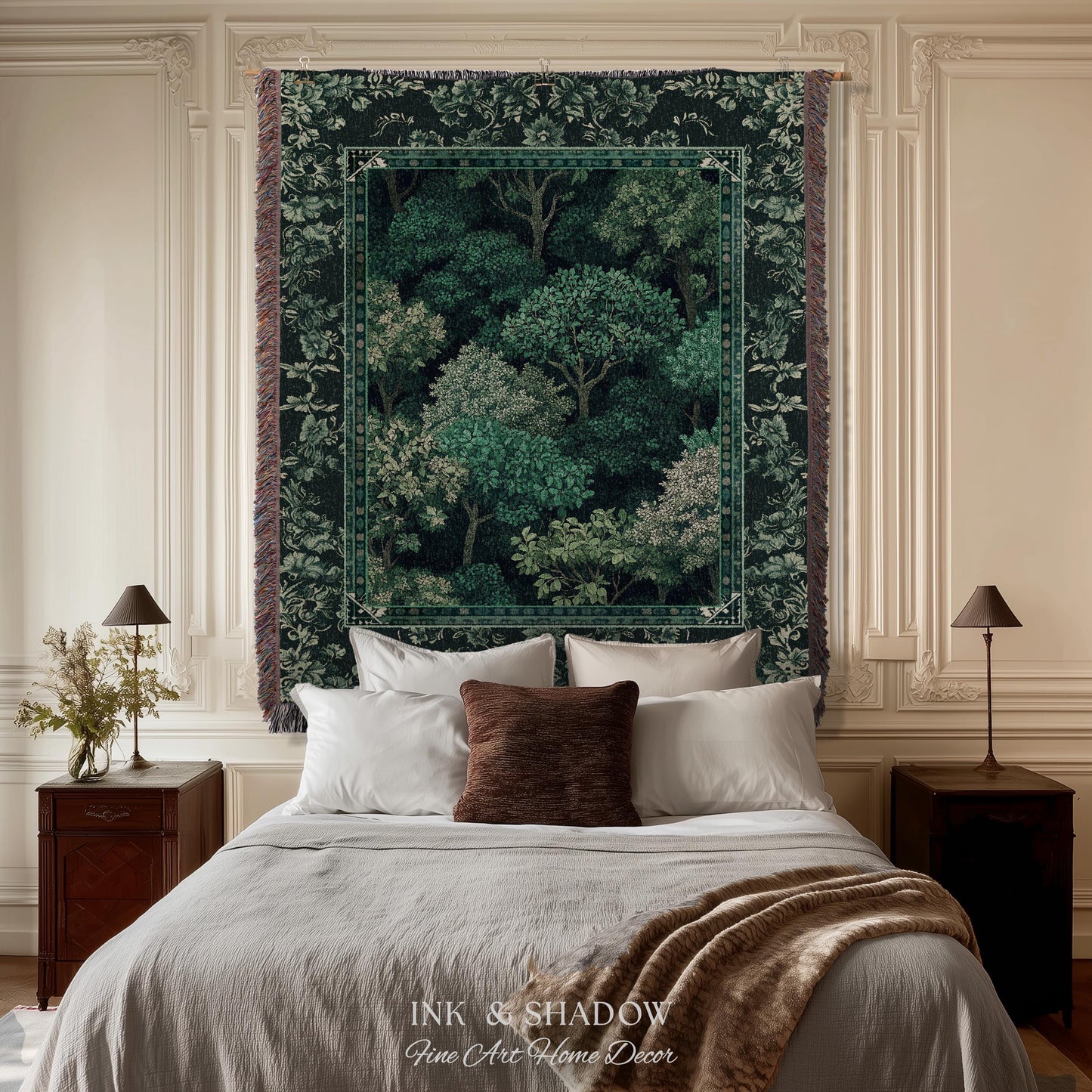 Verdant Greenery Botanical Woven Coverlet | Woodland Magical Aesthetic Living Room Green Tapestry Plant Loving Bedroom Blanket Gift Emerald