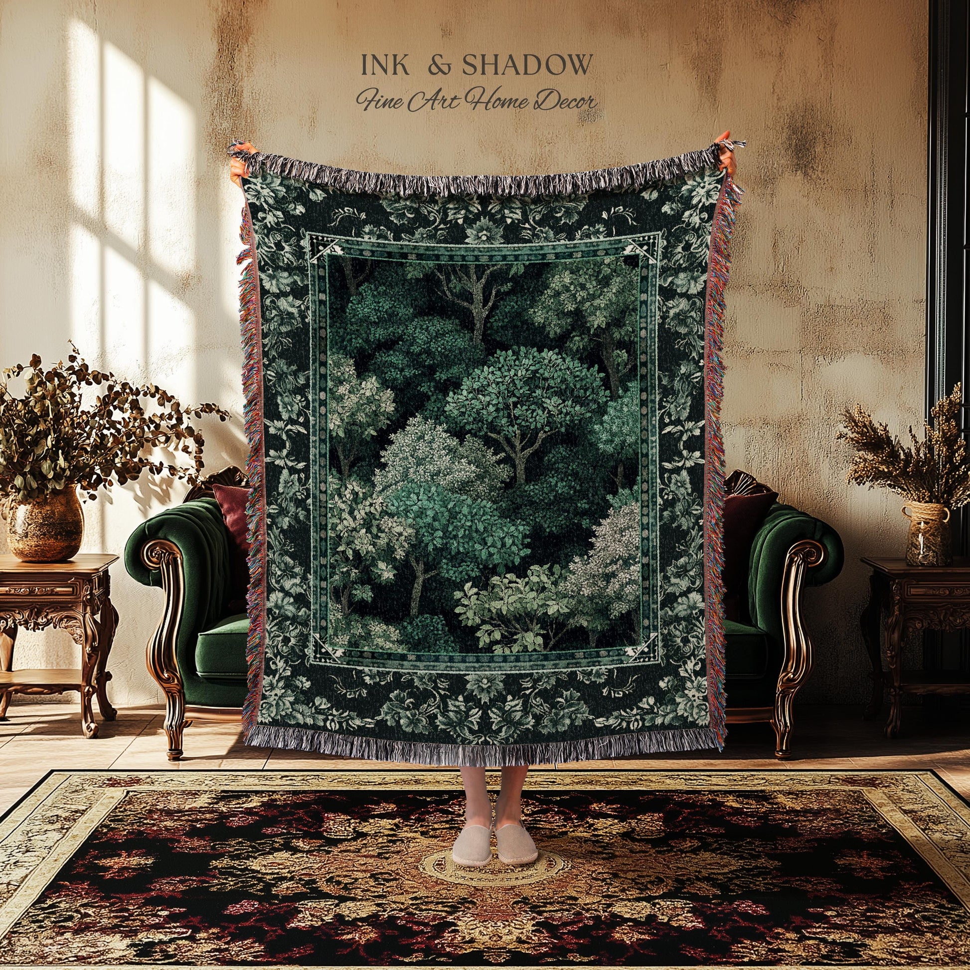 Verdant Greenery Botanical Woven Coverlet | Woodland Magical Aesthetic Living Room Green Tapestry Plant Loving Bedroom Blanket Gift Emerald