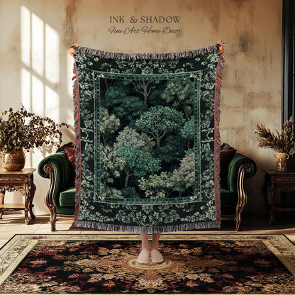 Verdant Greenery Botanical Woven Coverlet | Woodland Magical Aesthetic Living Room Green Tapestry Plant Loving Bedroom Blanket Gift Emerald