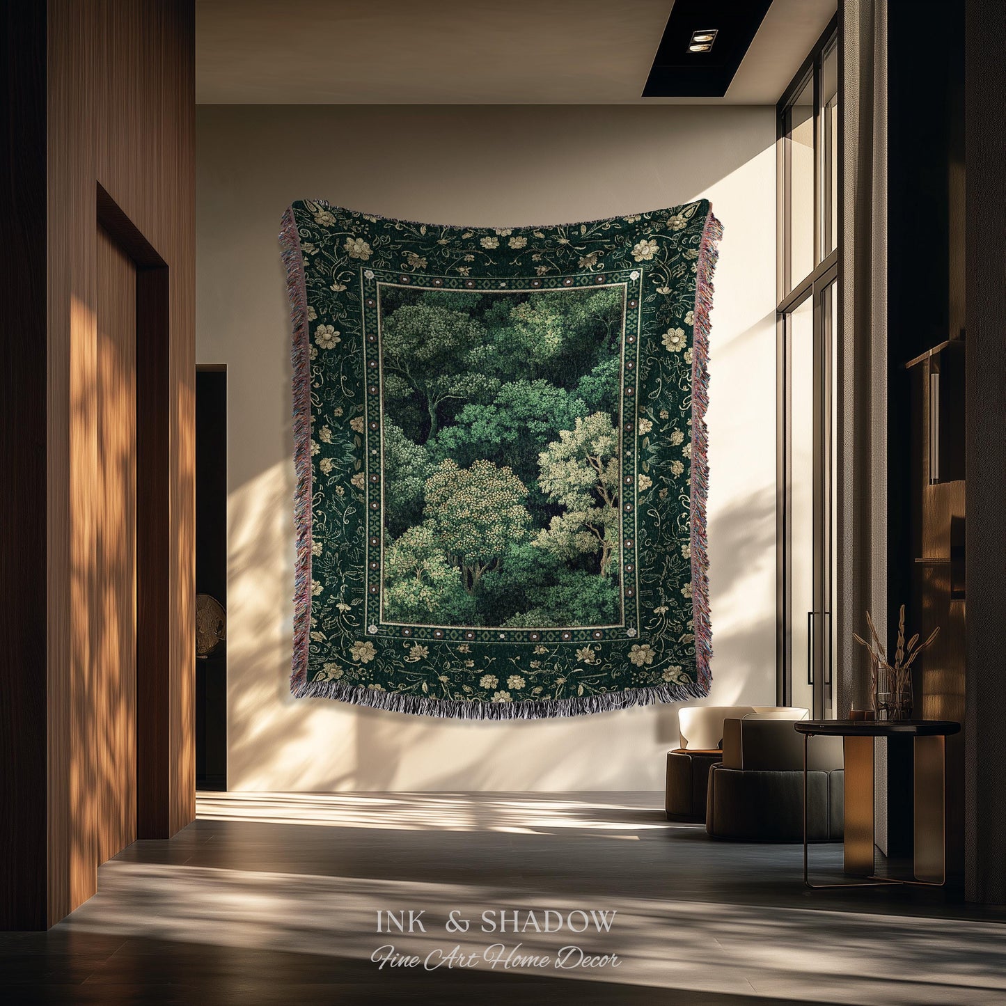 Lush Botanical Green Woven Blanket | Forest Theme Woodsy Aesthetic Living Room Green Home Decor Housewarming Gift Emerald Bedroom Tapestry |
