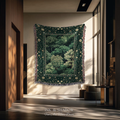 Lush Botanical Green Woven Blanket | Forest Theme Woodsy Aesthetic Living Room Green Home Decor Housewarming Gift Emerald Bedroom Tapestry |