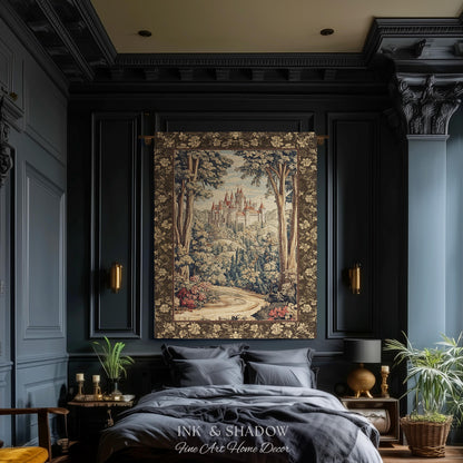 Book Nook Fairytale Castle Tapestry Throw, Woodland Fairycore Bohemian Folklore Aesthetic Magical Landscape Forestcore Dark Academia Blanket