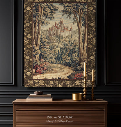Book Nook Fairytale Castle Tapestry Throw, Woodland Fairycore Bohemian Folklore Aesthetic Magical Landscape Forestcore Dark Academia Blanket