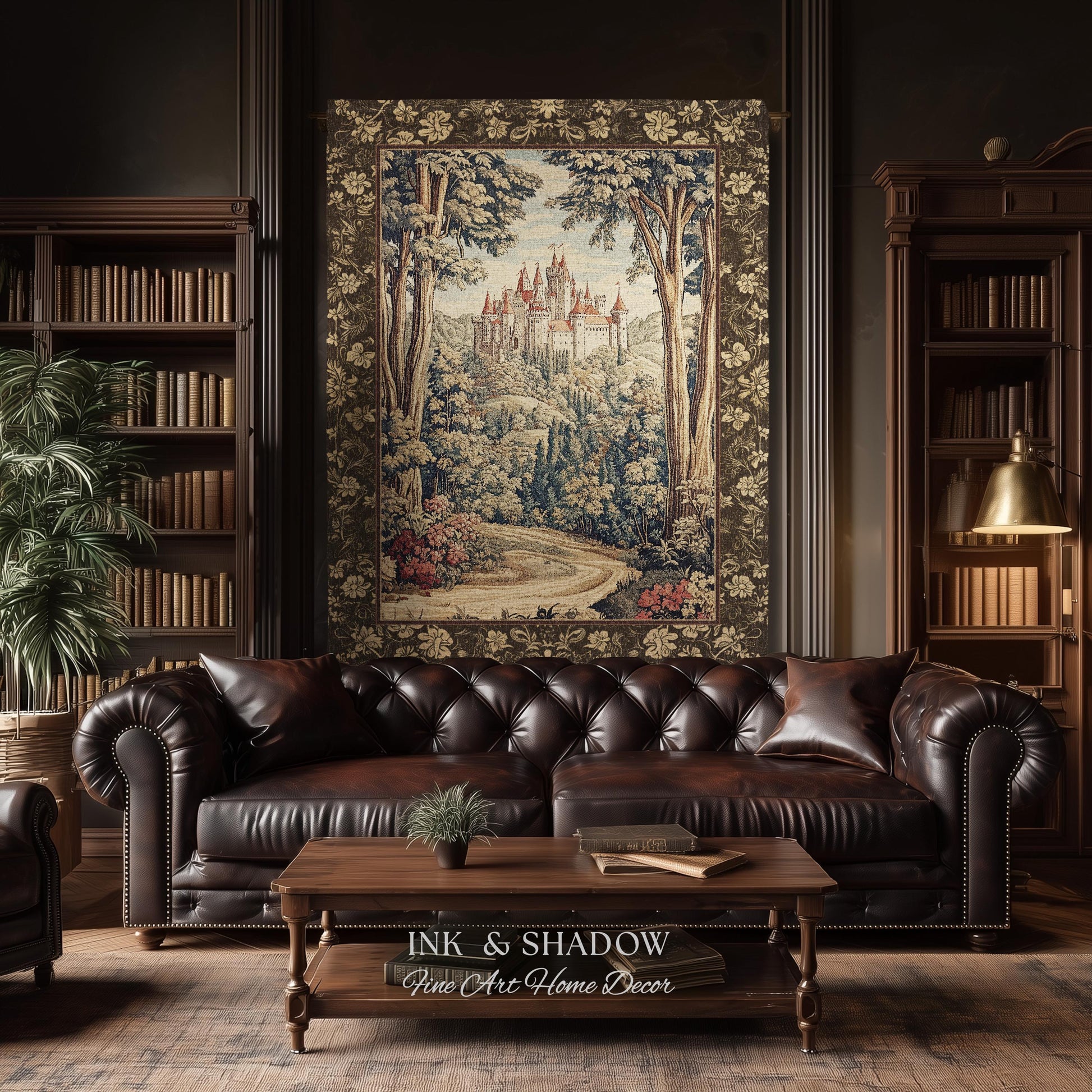 Book Nook Fairytale Castle Tapestry Throw, Woodland Fairycore Bohemian Folklore Aesthetic Magical Landscape Forestcore Dark Academia Blanket