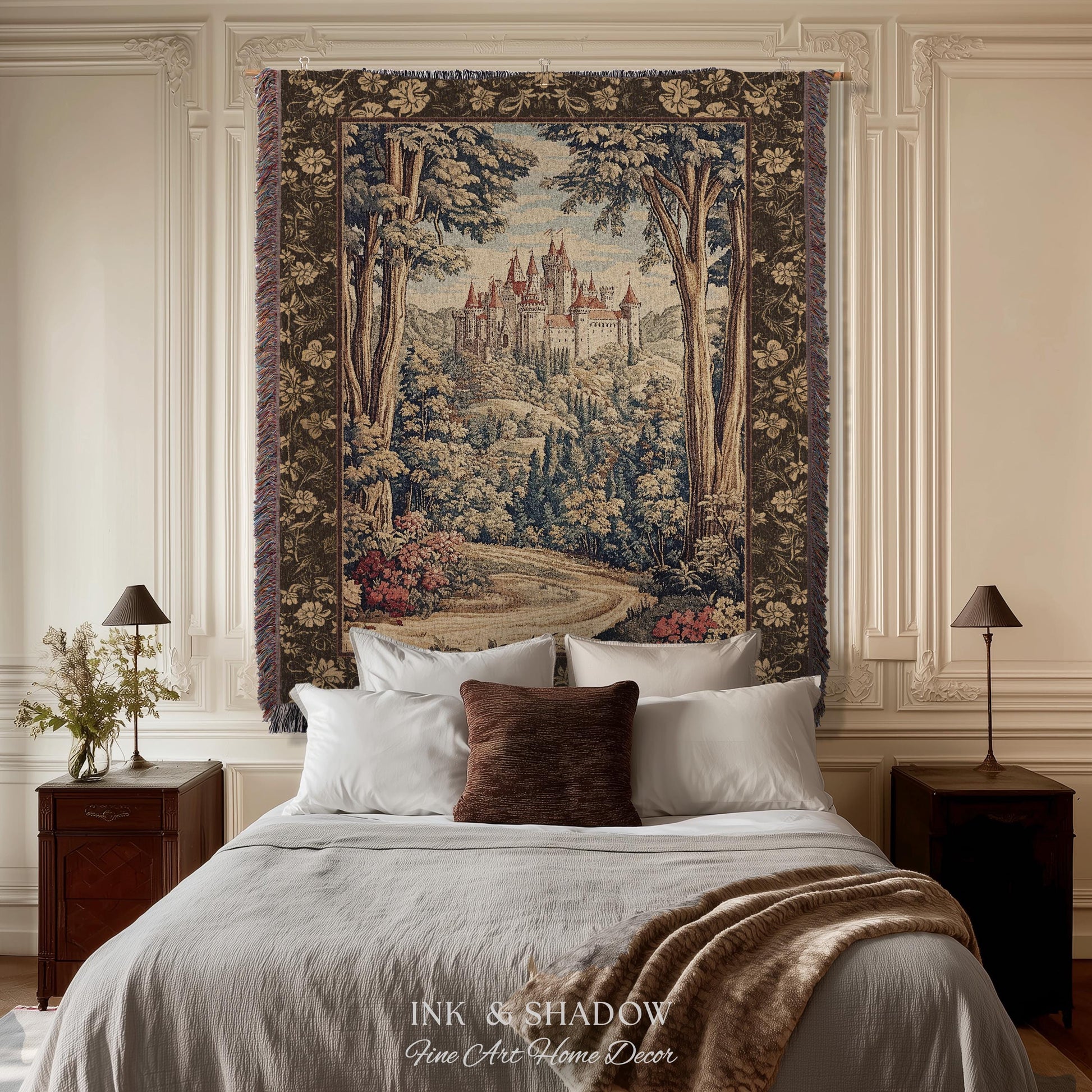 Book Nook Fairytale Castle Tapestry Throw, Woodland Fairycore Bohemian Folklore Aesthetic Magical Landscape Forestcore Dark Academia Blanket