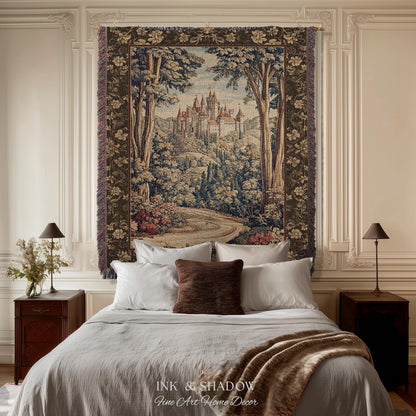 Book Nook Fairytale Castle Tapestry Throw, Woodland Fairycore Bohemian Folklore Aesthetic Magical Landscape Forestcore Dark Academia Blanket