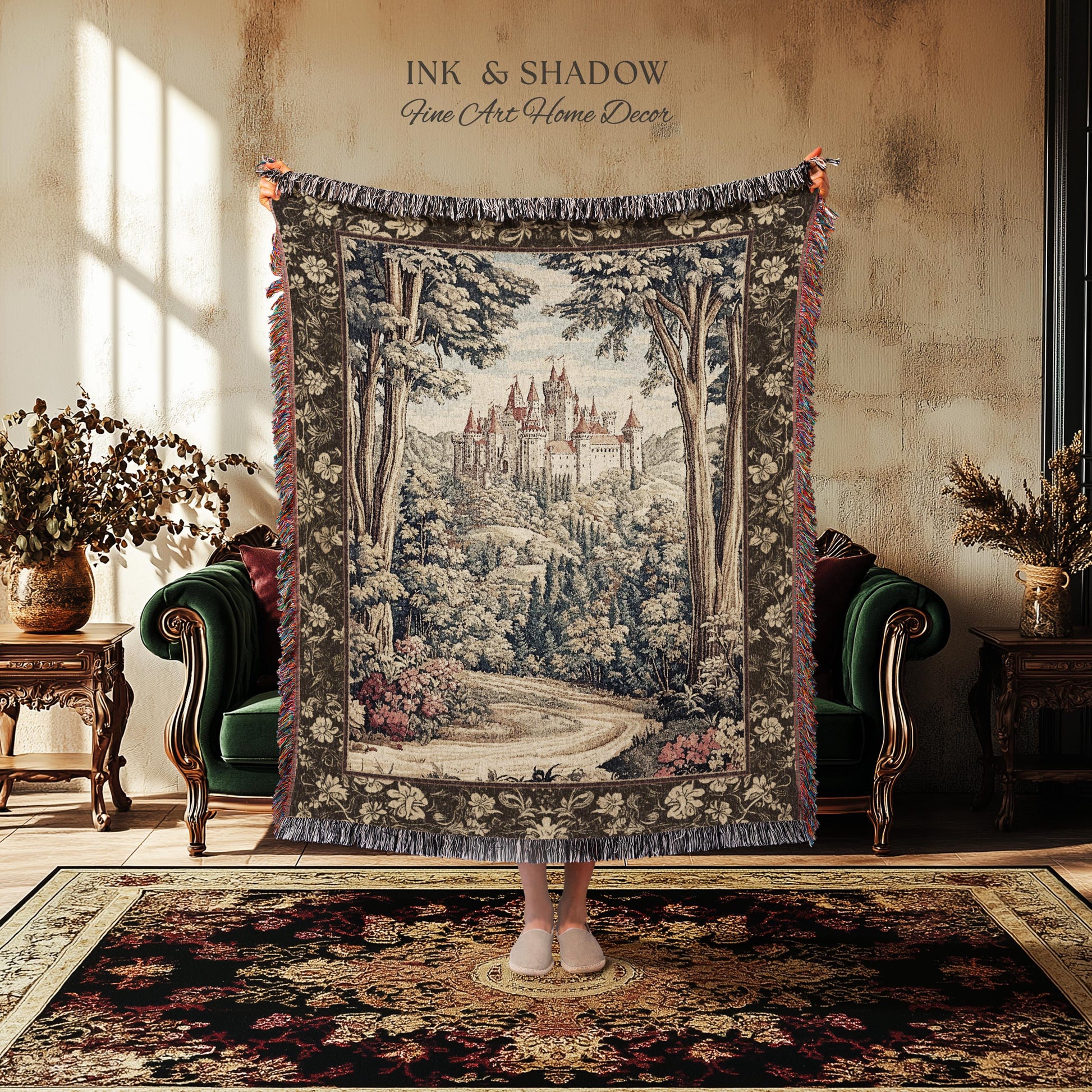 Book Nook Fairytale Castle Tapestry Throw, Woodland Fairycore Bohemian Folklore Aesthetic Magical Landscape Forestcore Dark Academia Blanket