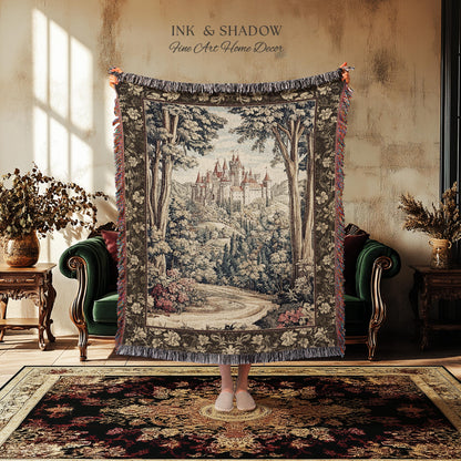 Book Nook Fairytale Castle Tapestry Throw, Woodland Fairycore Bohemian Folklore Aesthetic Magical Landscape Forestcore Dark Academia Blanket