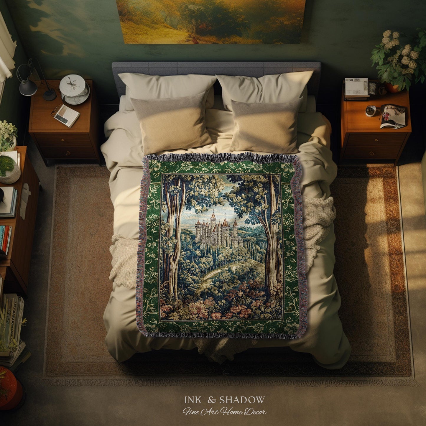 Fairytale Aesthetic Castle Tapestry Blanket Fairycore Folklore Inspired Decor | Magical Woodland Bedroom Whimsigothic Ethereal Forest Throw