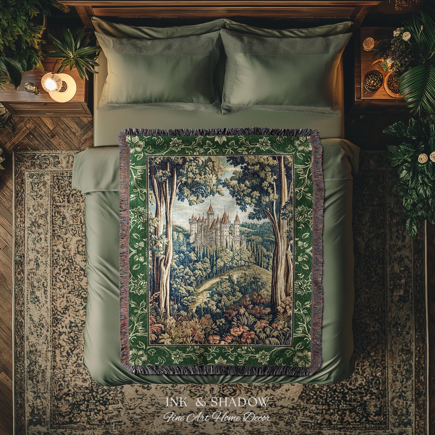 Fairytale Aesthetic Castle Tapestry Blanket Fairycore Folklore Inspired Decor | Magical Woodland Bedroom Whimsigothic Ethereal Forest Throw