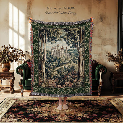 Fairytale Aesthetic Castle Tapestry Blanket Fairycore Folklore Inspired Decor | Magical Woodland Bedroom Whimsigothic Ethereal Forest Throw