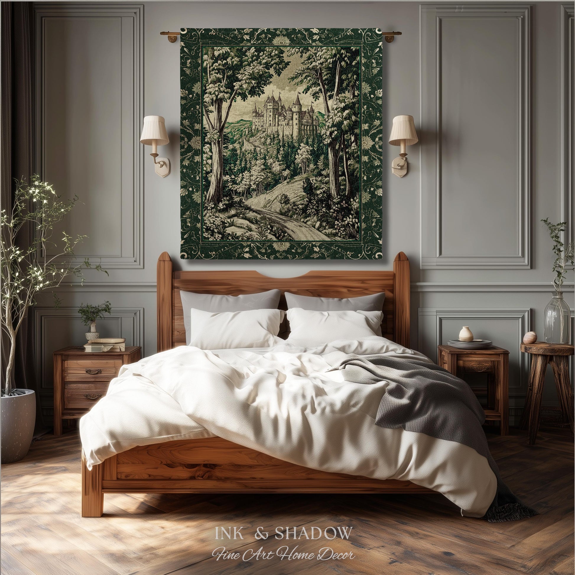Medieval Castle Woodland Forest Tapestry Blanket Forestcore Dark Academia Fairytale Decor | Fairycore Magical Emerald Green Landscape Throw