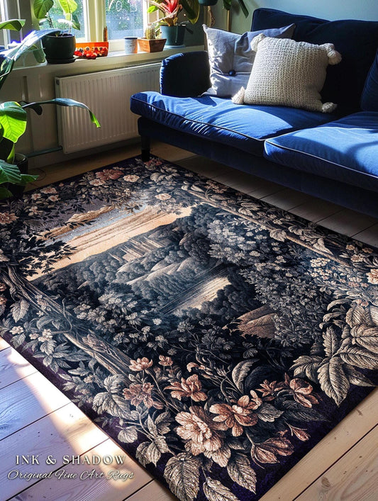 Pastel Fairy Aesthetic Accent Rug | Ethereal Woodland Royalcore Rosy Bedroom Area Rug Botanical Landscape Medieval Princess Rustic Castle |