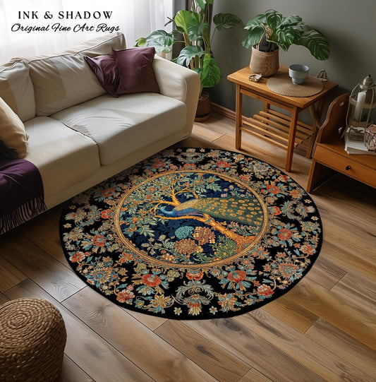 May include: A round black rug with a peacock design in the center, surrounded by a floral border. The rug has a gold border and the text "INK & SHADOW Original Fine Art Rugs" in the upper left corner. The rug is on a hardwood floor.