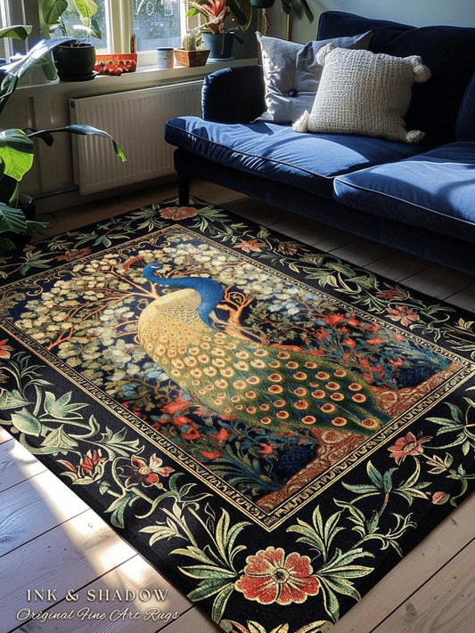 May include: A rectangular area rug featuring a peacock design. The rug has a black border with floral patterns in red, green, and cream. The central design showcases a peacock with blue and gold plumage against a backdrop of trees and flowers. The text "INK & SHADOW Original Fine Art Rugs" is visible.