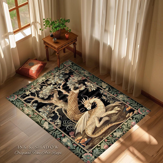 May include: A rectangular area rug with a black background featuring a detailed illustration of a dragon and a tree. The dragon is cream-colored with outstretched wings. The rug has a floral border and the text "INK & SHADOW Original Fine Art Rugs".