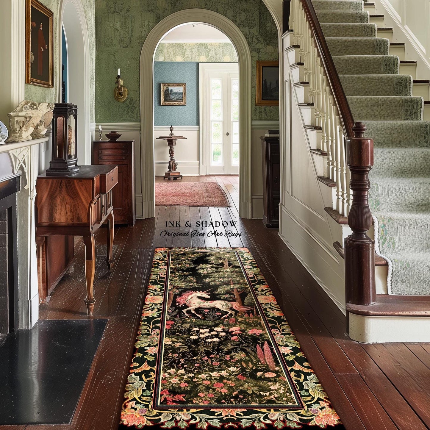 Enchanted Forest Unicorn Floral Runner Rug Mystical Medieval Style Romantic Renaissance Baroque Art, Vintage Fairycore Wildflower Home Decor