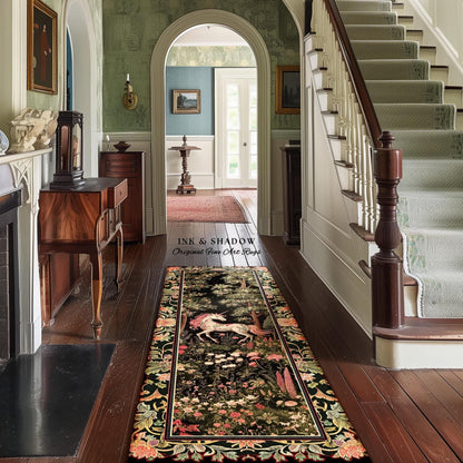 Enchanted Forest Unicorn Floral Runner Rug Mystical Medieval Style Romantic Renaissance Baroque Art, Vintage Fairycore Wildflower Home Decor