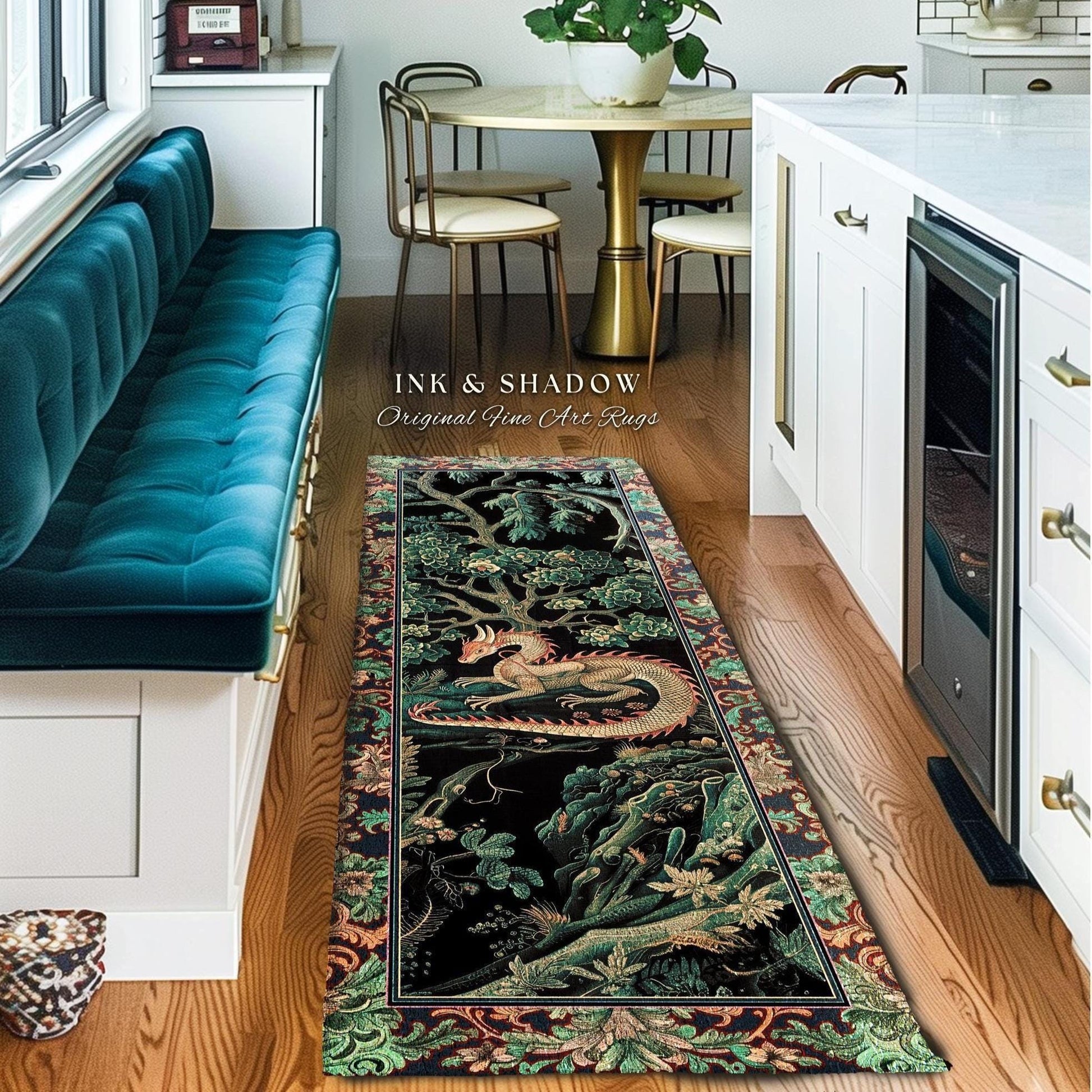 Woodland Dragon Runner Enchanted Forest Medieval Fantasy Charm Rug Dark Forestcore Fairytale Cottagecore Renaissance Nature Art Home Accent