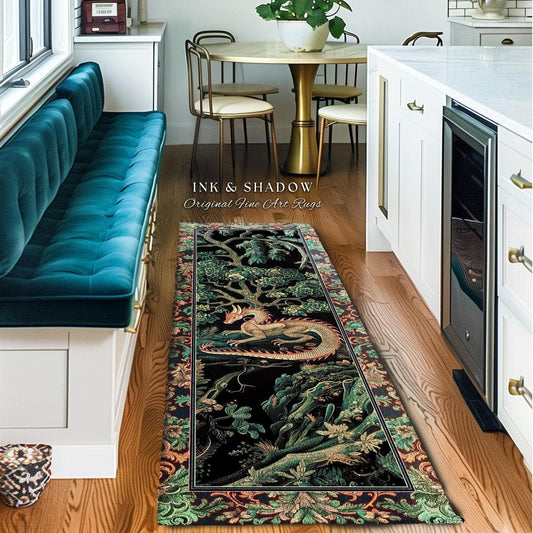 Woodland Dragon Runner Enchanted Forest Medieval Fantasy Charm Rug Dark Forestcore Fairytale Cottagecore Renaissance Nature Art Home Accent