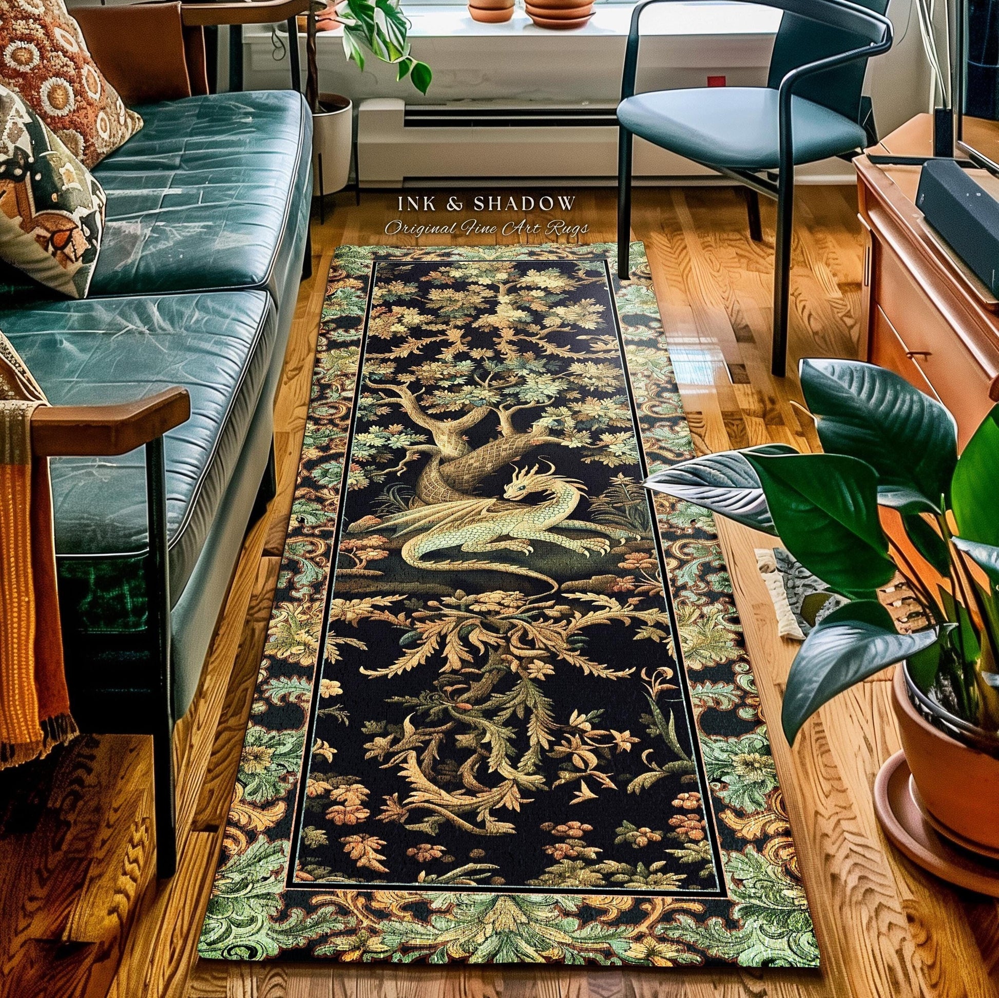 May include: A rectangular black rug with a detailed design featuring a dragon, trees, and foliage in shades of gold, green, and brown. The rug has a decorative border and the text "INK & SHADOW Original Fine Art Rugs".