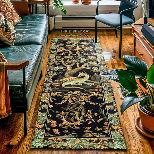 May include: A rectangular black rug with a detailed design featuring a dragon, trees, and foliage in shades of gold, green, and brown. The rug has a decorative border and the text "INK & SHADOW Original Fine Art Rugs".