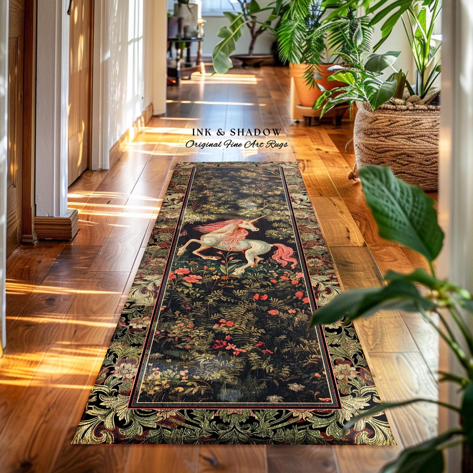 Whimsical Enchanted Unicorn Runner Rug Victorian Gothic Dark Cottagecore Decor, Renaissance Folklore Accent Baroque Fairytale Aesthetic Home