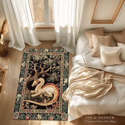 May include: A rectangular rug with a black background features a detailed illustration of a dragon resting under a tree. The dragon is white and orange, and the tree has brown branches and green leaves. The rug has a floral border and the text "INK & SHADOW Original Fine Art Rugs".