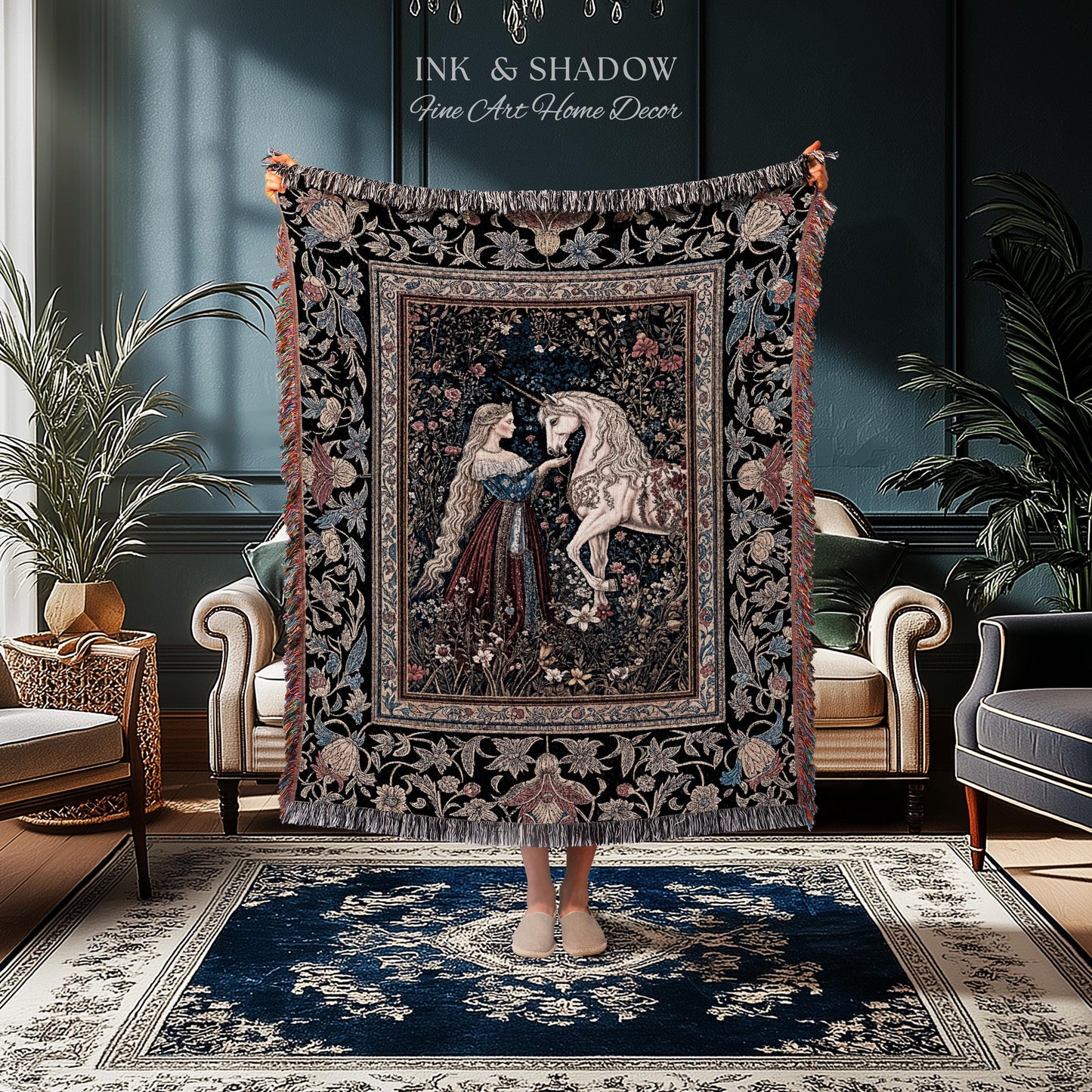 Mystic Fairytale Unicorn Throw Blanket | Renaissance Aesthetic Gloomy Coquette Woven Wall Tapestry Dark Cottagecore Storybook Gothic Theme |