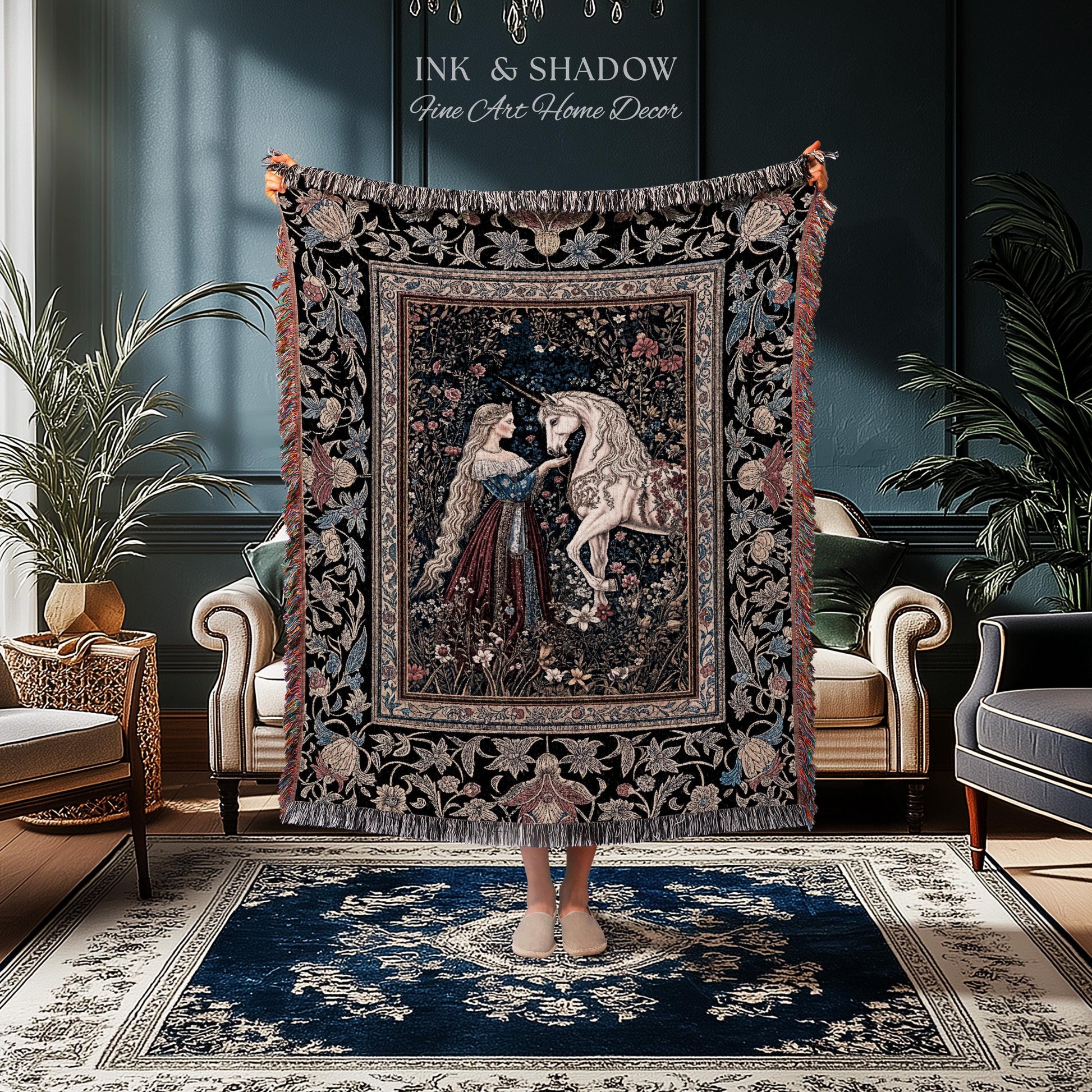 Mystic Fairytale Unicorn Throw Blanket | Renaissance Aesthetic Gloomy Coquette Woven Wall Tapestry Dark Cottagecore Storybook Gothic Theme |